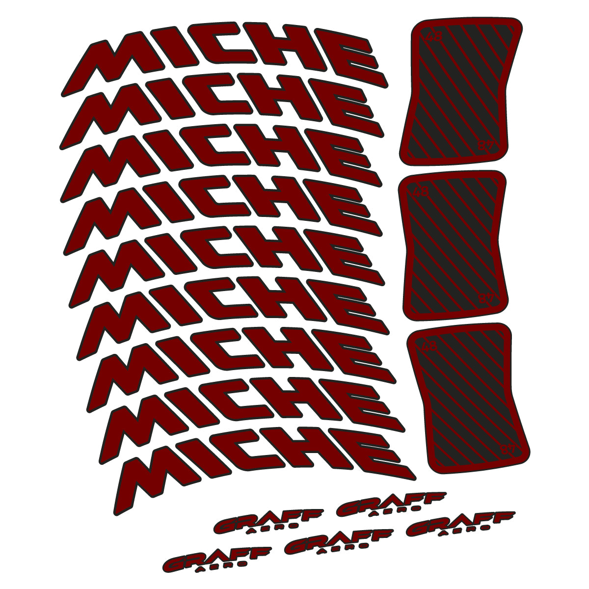 Compatible Stickers for Miche Graff Aero 48, Road Wheel 48mm vinyl decals - Very Dark Red