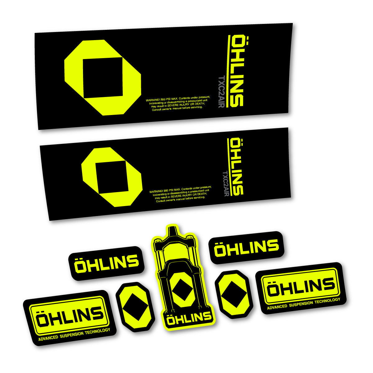 Stickers for Öhlins TXC2 AIR 2027, Rear Shock vinyl decals - Neon Yellow