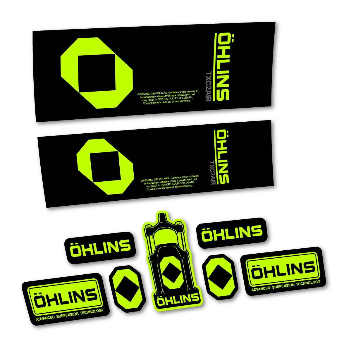 Stickers for Öhlins TXC2 AIR 2027, Rear Shock vinyl decals - Lime Neon