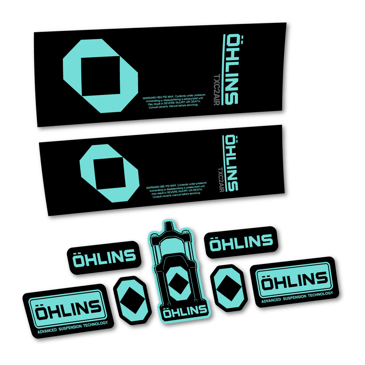 Stickers for Öhlins TXC2 AIR 2027, Rear Shock vinyl decals - Blue Green