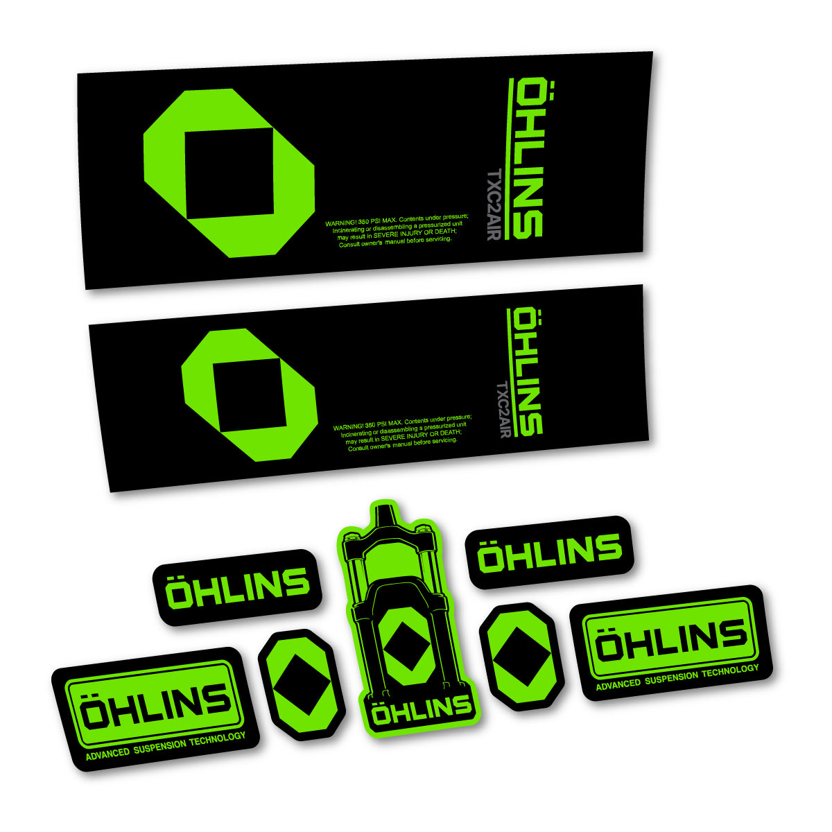 Stickers for Öhlins TXC2 AIR 2027, Rear Shock vinyl decals - Apple Green